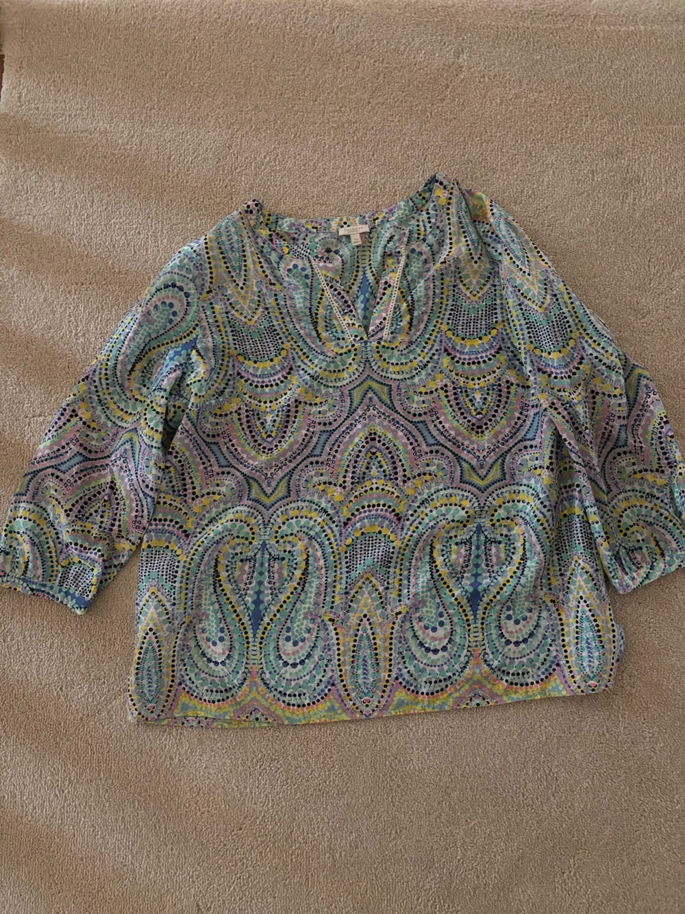 Talbots Paisley-Print V-Neck Blouse in Blue, Green & Yellow